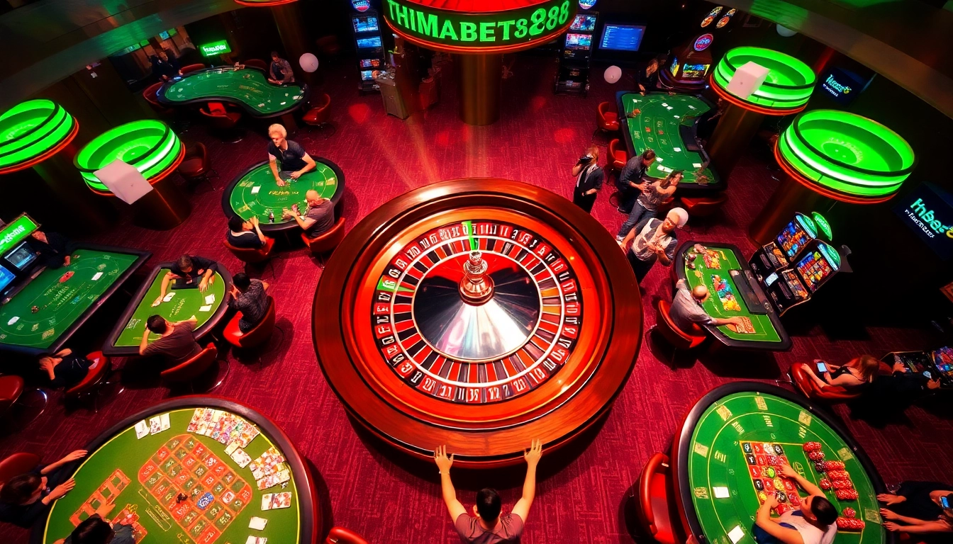 Capture the excitement of thabet88 as players engage at a bustling casino with roulette wheels and vibrant slot machines.