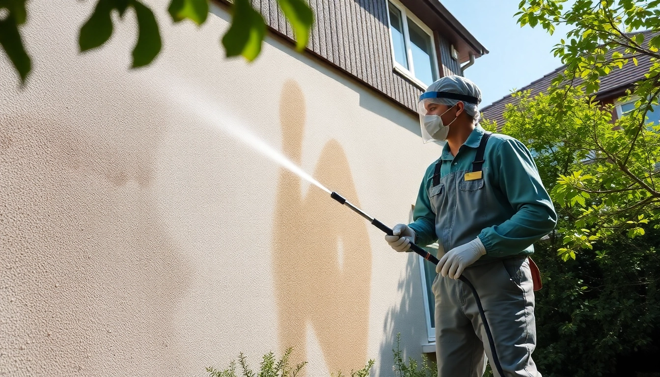 Professional handling of render cleaning, showcasing effective stain removal.