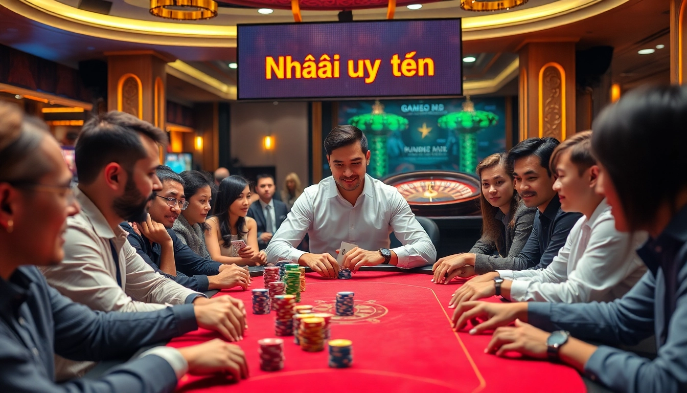 Exciting poker action at a Nhà cái uy tín casino with vibrant chips and focused players.