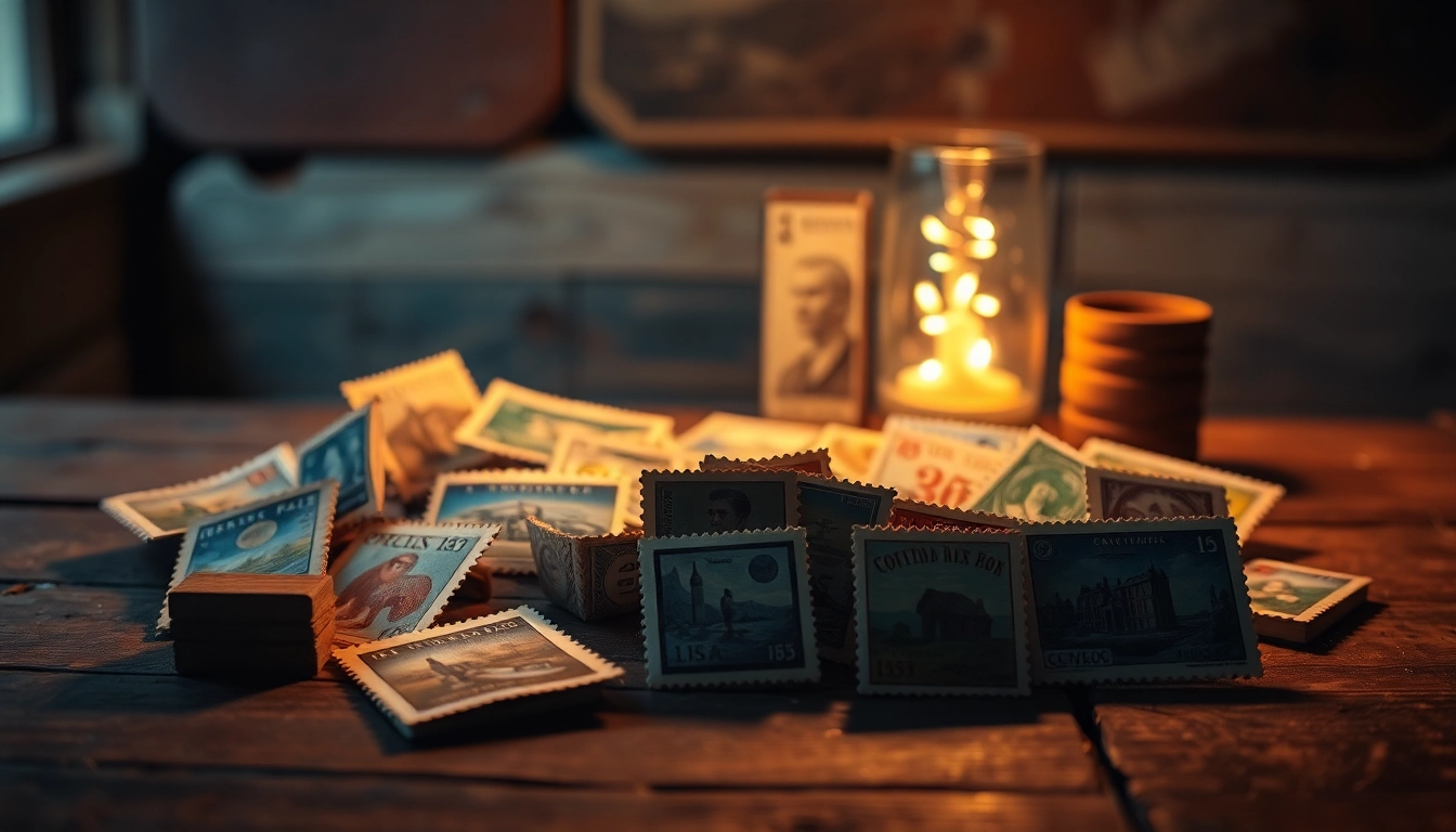 Discover an artistic collection of cheap stamps displayed on a rustic wooden table.