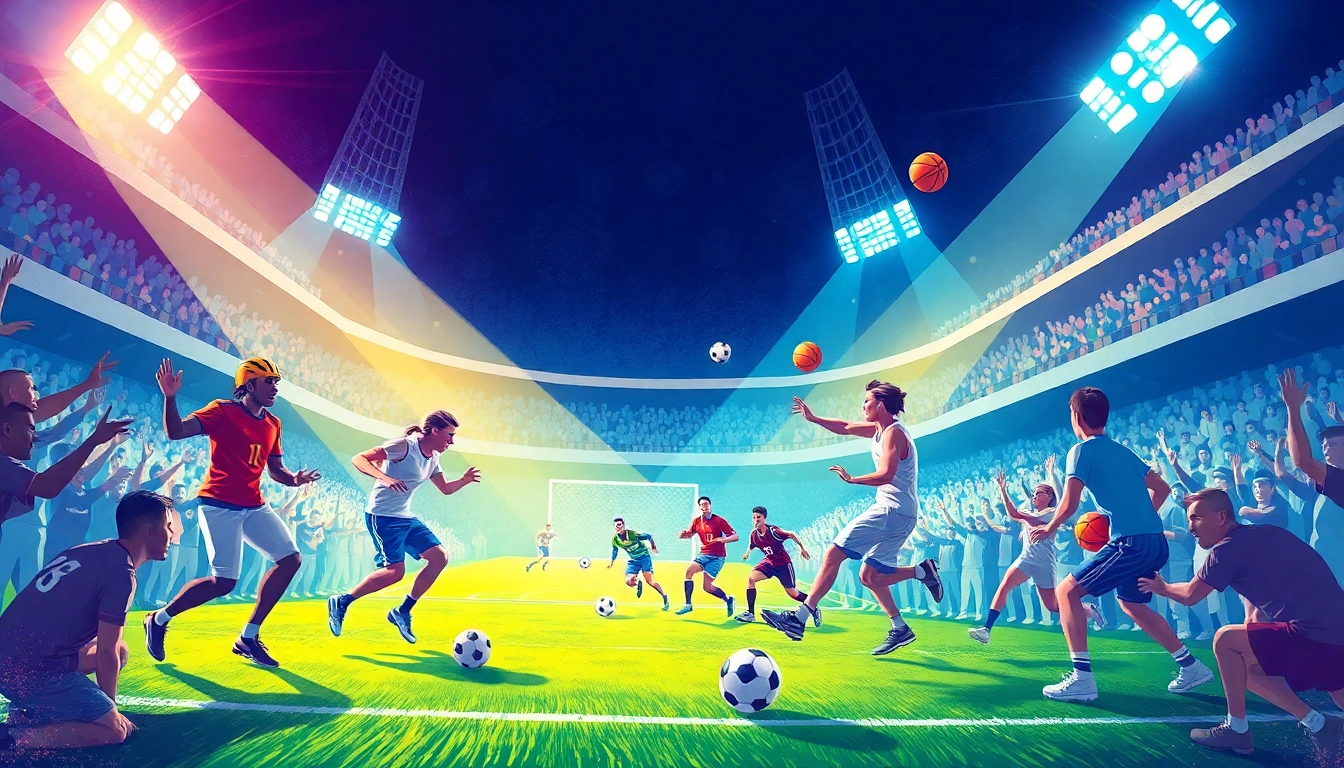 Sportsabc illustrates diverse athletes competing in an exhilarating stadium setting.