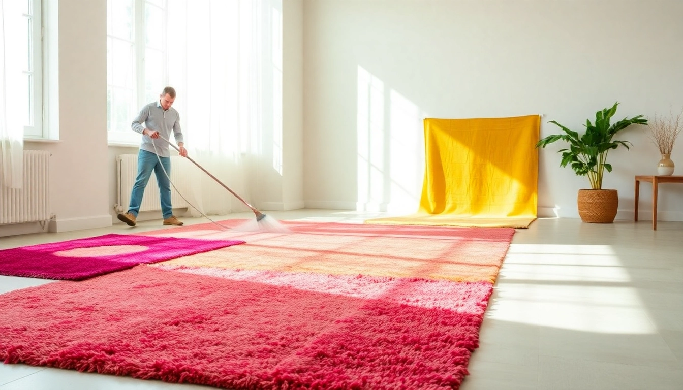 Lavaggio tappeto Milano service efficiently cleaning a colorful rug in a bright environment.