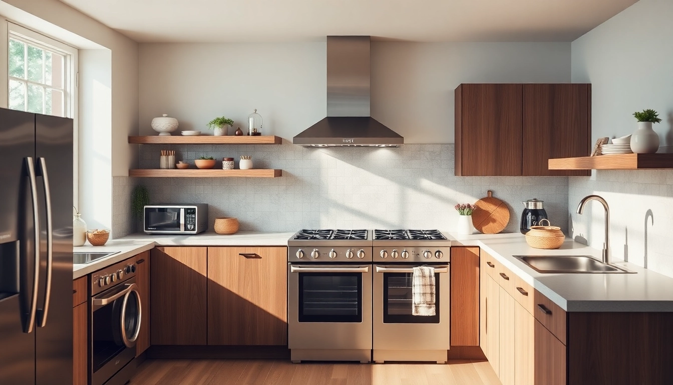 Showcase modern бяла техника appliances in a beautifully lit kitchen scene, emphasizing their stylish and practical designs.