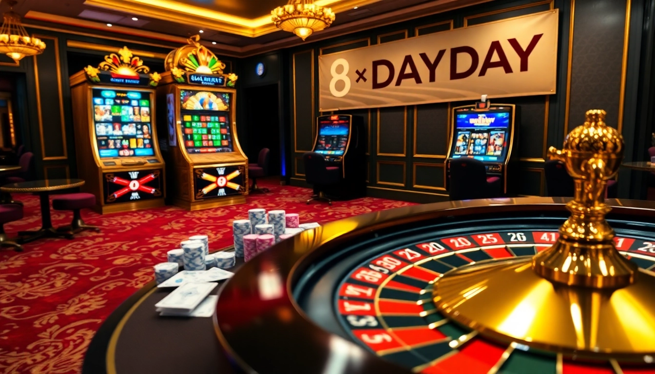 8DAY casino scene showcasing high-stakes gambling with roulette and poker elements.