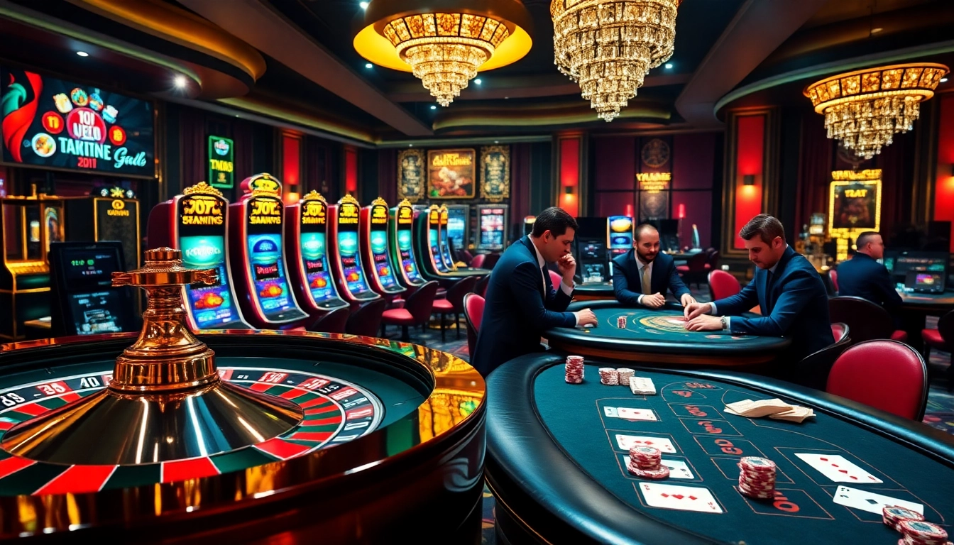 TX88 casino scene with vibrant roulette, slot machines, and engaged players at the blackjack table.