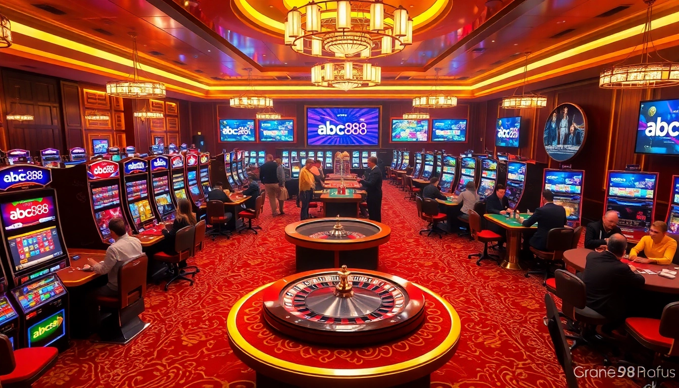 Exciting players engaging with abc88 slot machines and roulette in a luxurious casino.