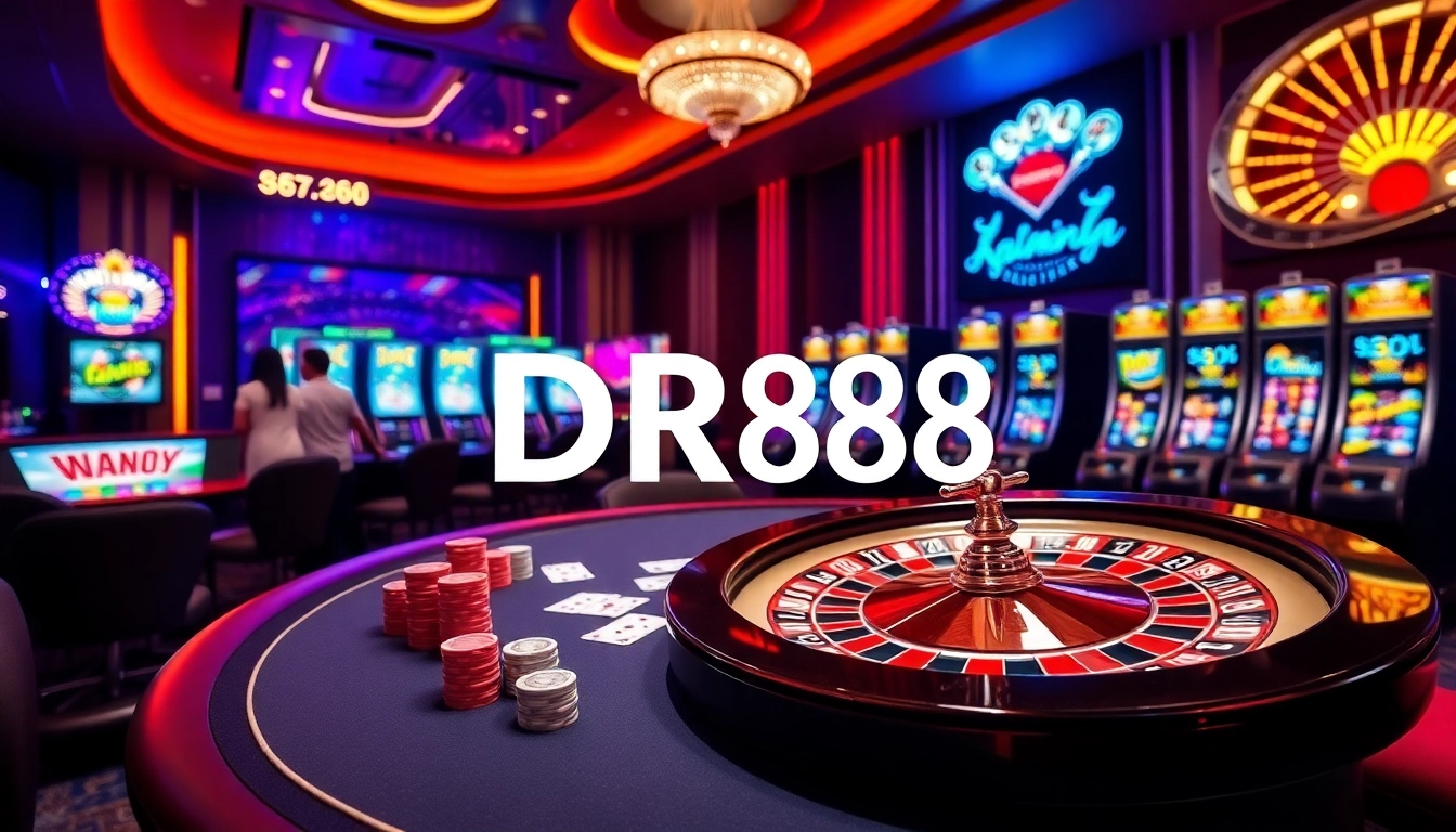 Players enjoying thrilling online games at DR88 casino, featuring colorful slots and poker tables.