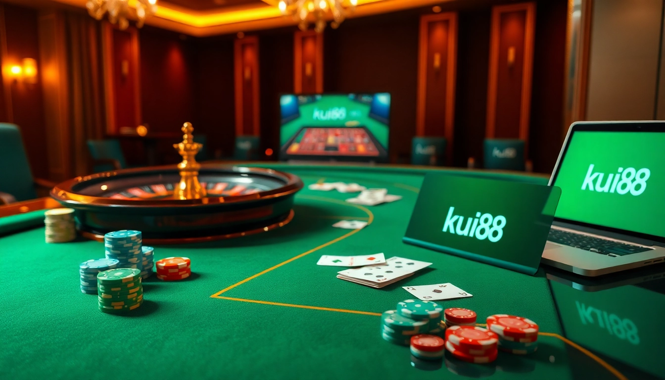 Experience the excitement of ku88 with vibrant casino visuals featuring roulette and poker elements.