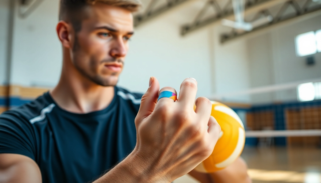 Volleyball thumb taping demonstration by an athlete with colorful tape in a gym setting.