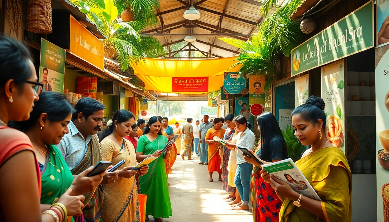 Engaging scene showcasing Sri Lankans interacting with personal and spa ads for Lanka Ad services.