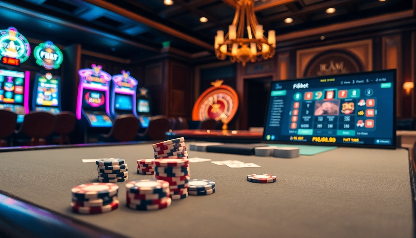 Experience the excitement of F8bet with glamorous casino gaming elements, poker, and betting interfaces.