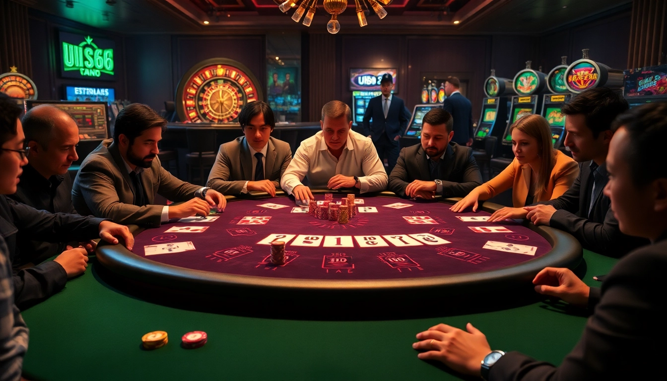 UU88 casino scene with players at a poker table, vibrant chips, and an online gambling interface.