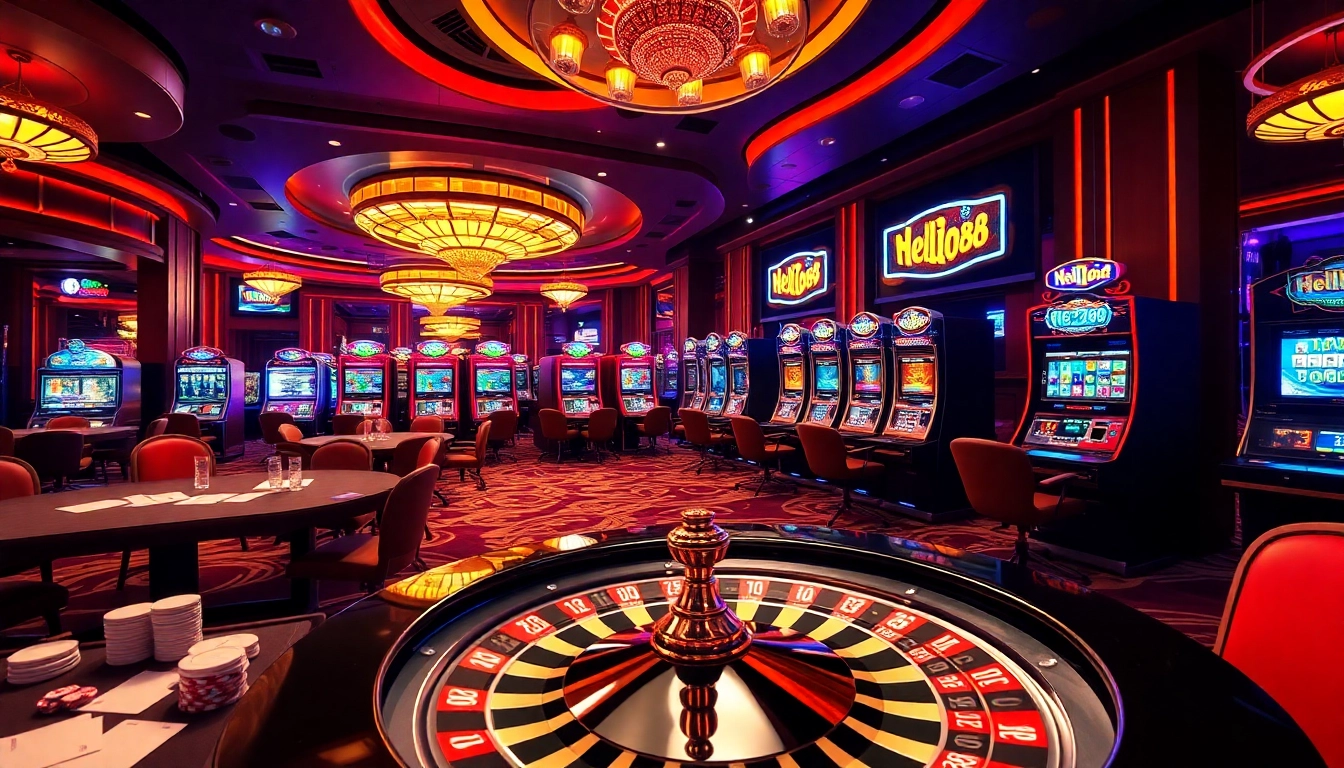 Experience the excitement of Hello88 casino with players at roulette and poker tables.