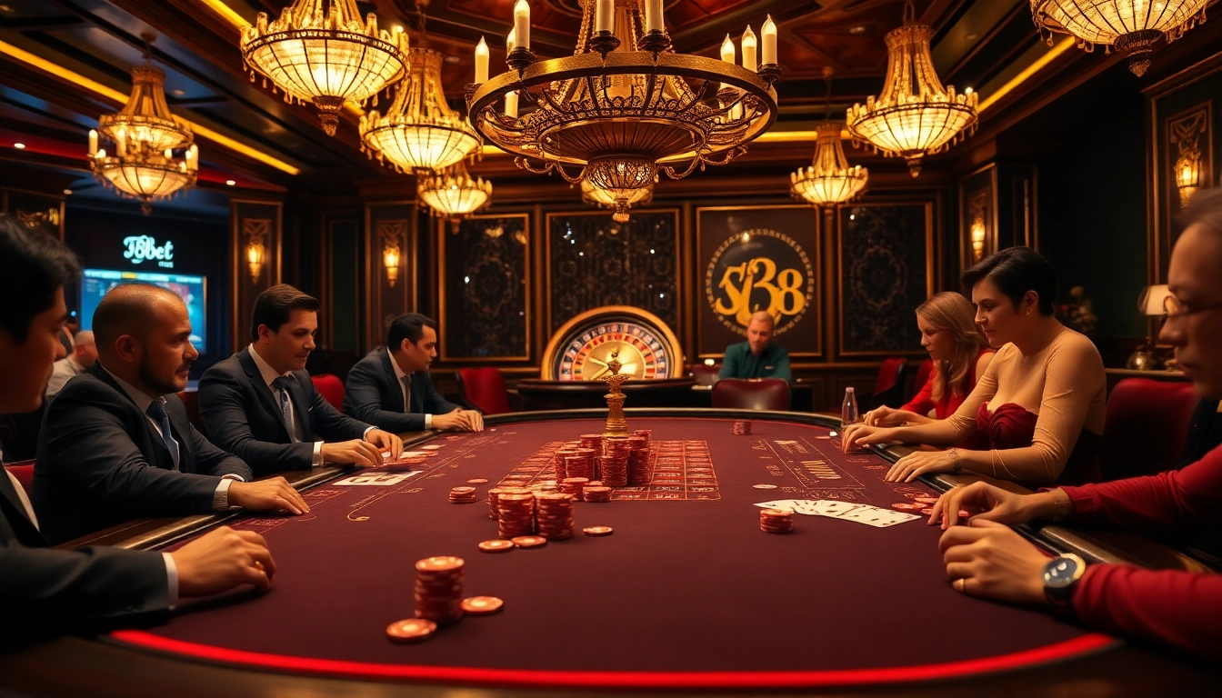 F8Bet players engaged in high-stakes poker at an opulent casino table, highlighting luxury and excitement.