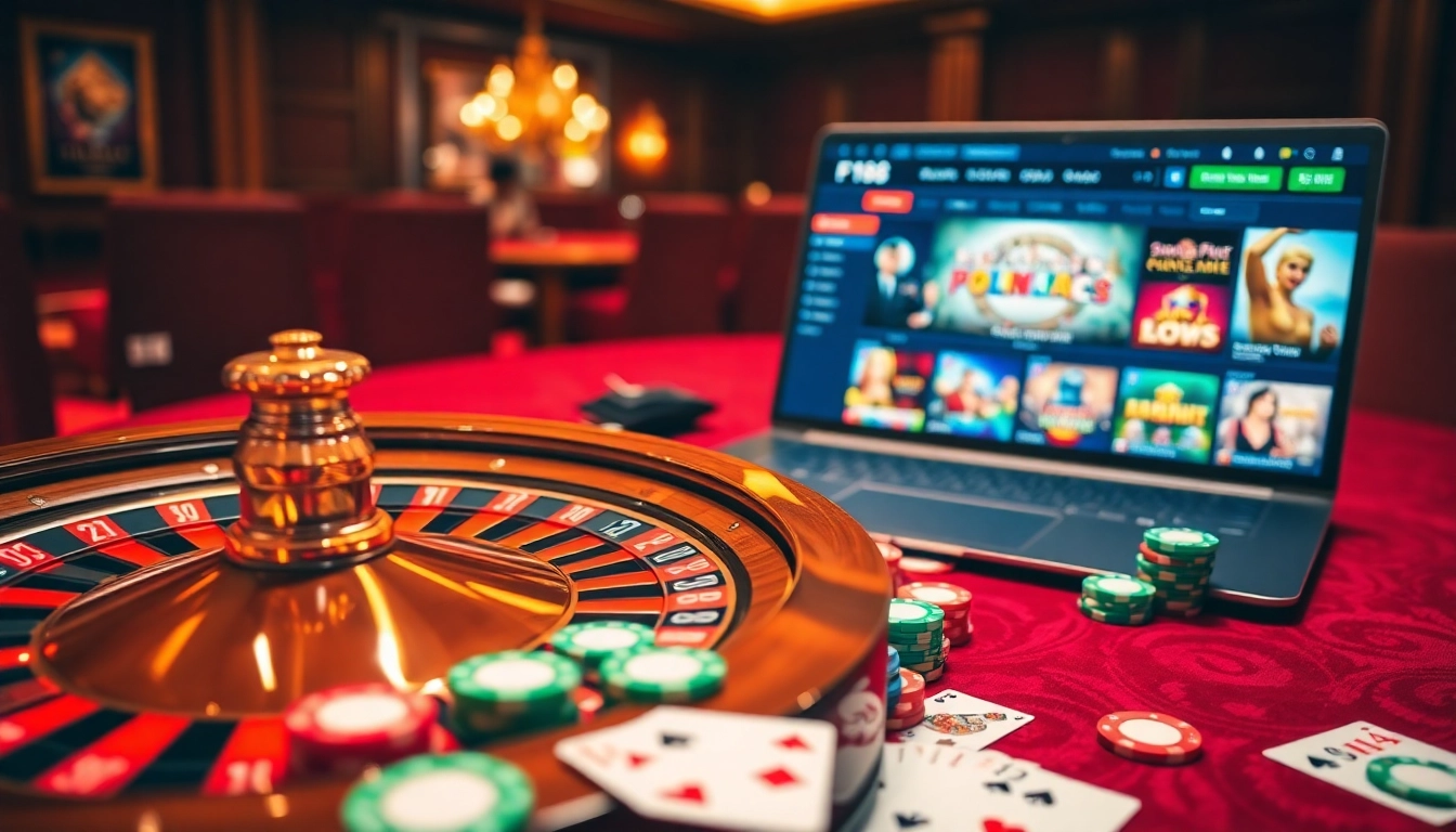 Experience the thrill of online gaming at https://f168.today/ with poker chips and a roulette wheel in an elegant casino setting.