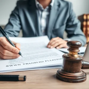 Sworn translation services in a professional translator's workspace with legal documents.