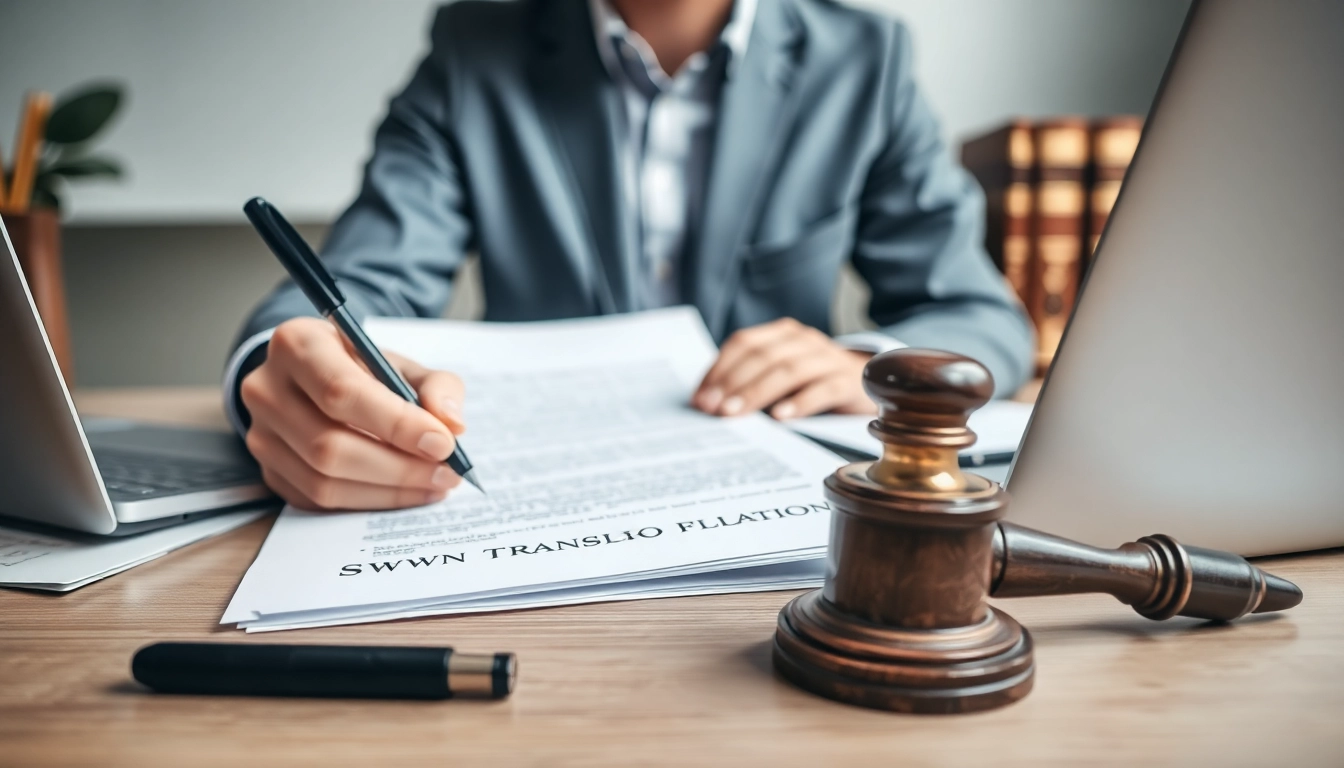 Sworn translation services in a professional translator's workspace with legal documents.