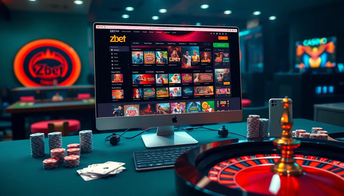Check the credibility of Zbet with a vibrant online casino scene featuring gaming elements.