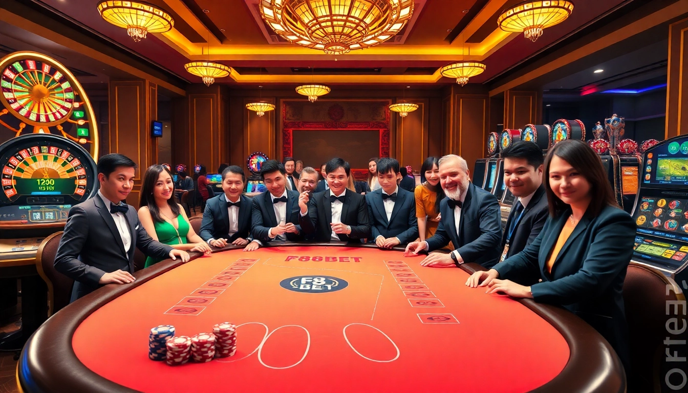 Engaging scene featuring the nhà cái F8BET table, vibrant gambling atmosphere with players and dealers.