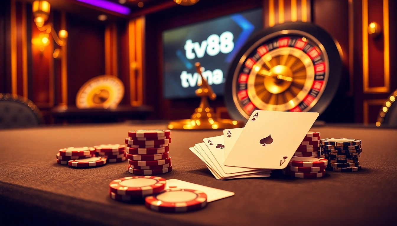 Engage with thrilling poker play at tv88 casino, featuring luxury chips and cards.
