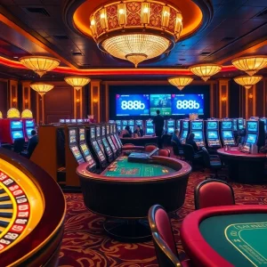 Exciting casino gaming scene showcasing vibrant tables and slot machines highlighting 888b.