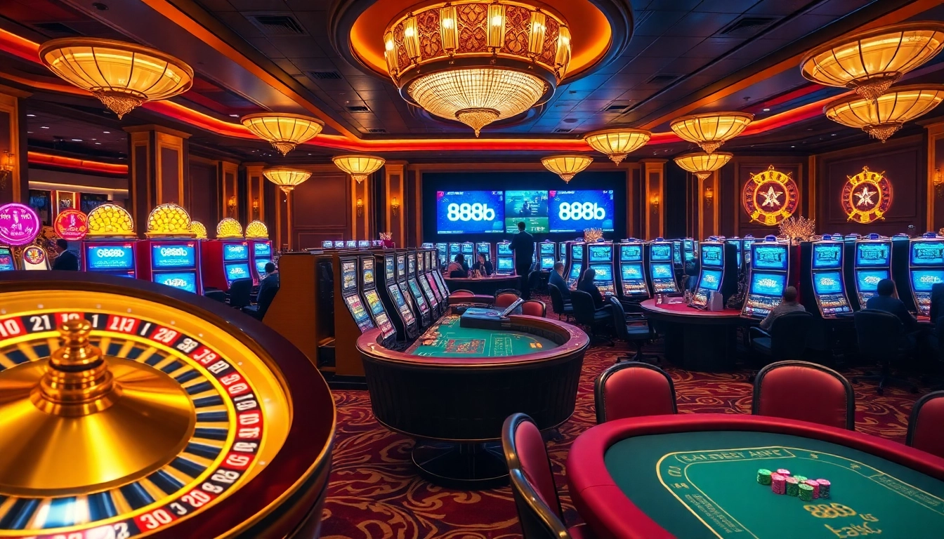 Exciting casino gaming scene showcasing vibrant tables and slot machines highlighting 888b.