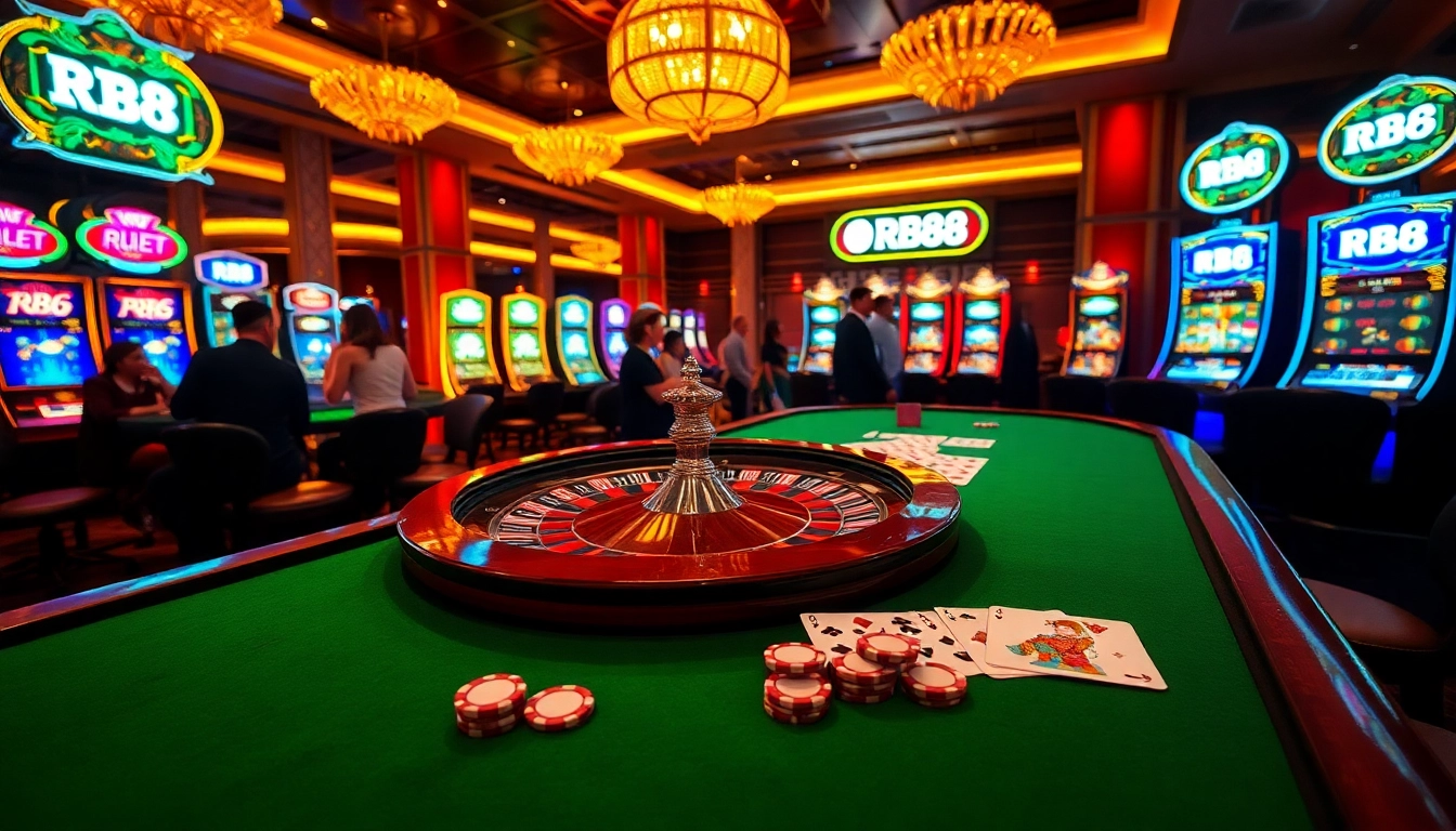 RR88 players enjoying dynamic baccarat and roulette tables in a luxurious casino.