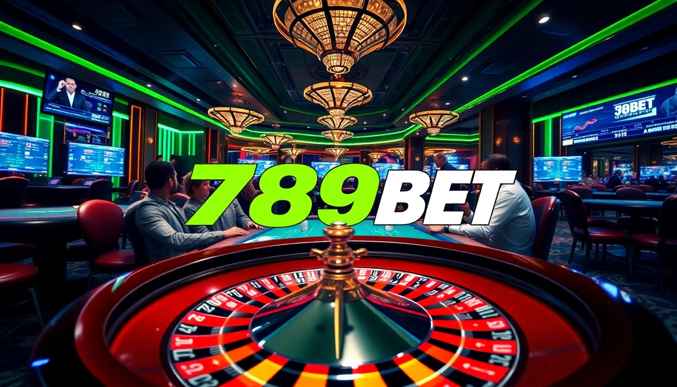 Exciting online gambling scene with poker action, roulette wheel, and 789BET branding visible.
