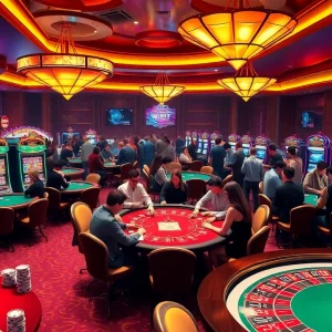 Players enjoying thrilling games at Nhà cái xx88's exciting casino floor filled with vibrant tables and slot machines.