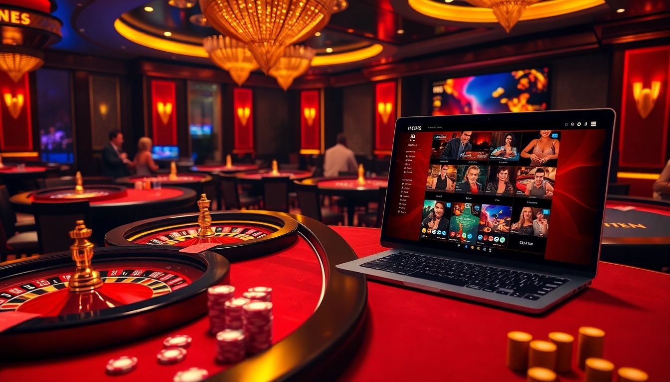 KJC casino action featuring poker chips and vibrant blackjack tables in a luxurious setting.