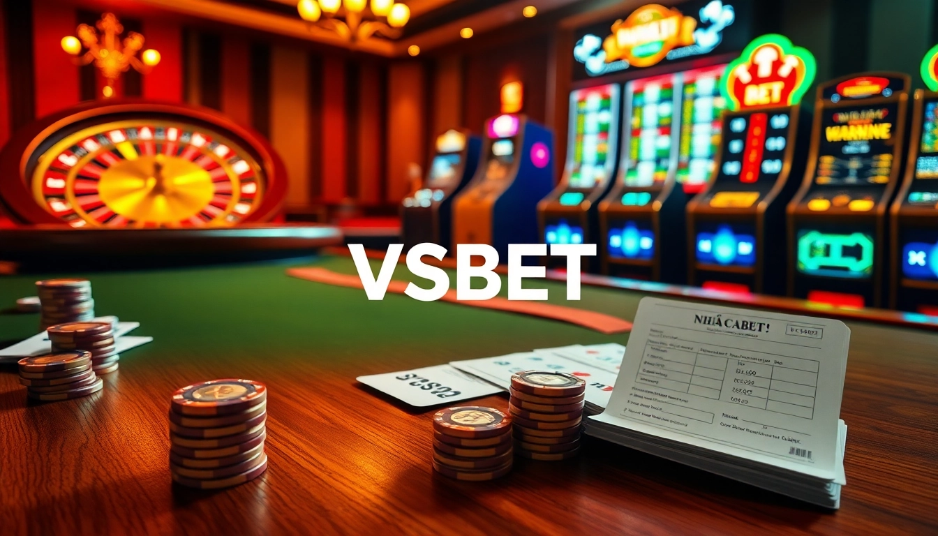 Experience the vibrant online gambling atmosphere at Nhà cái VSBET, featuring luxurious poker tables and dynamic slot machines.
