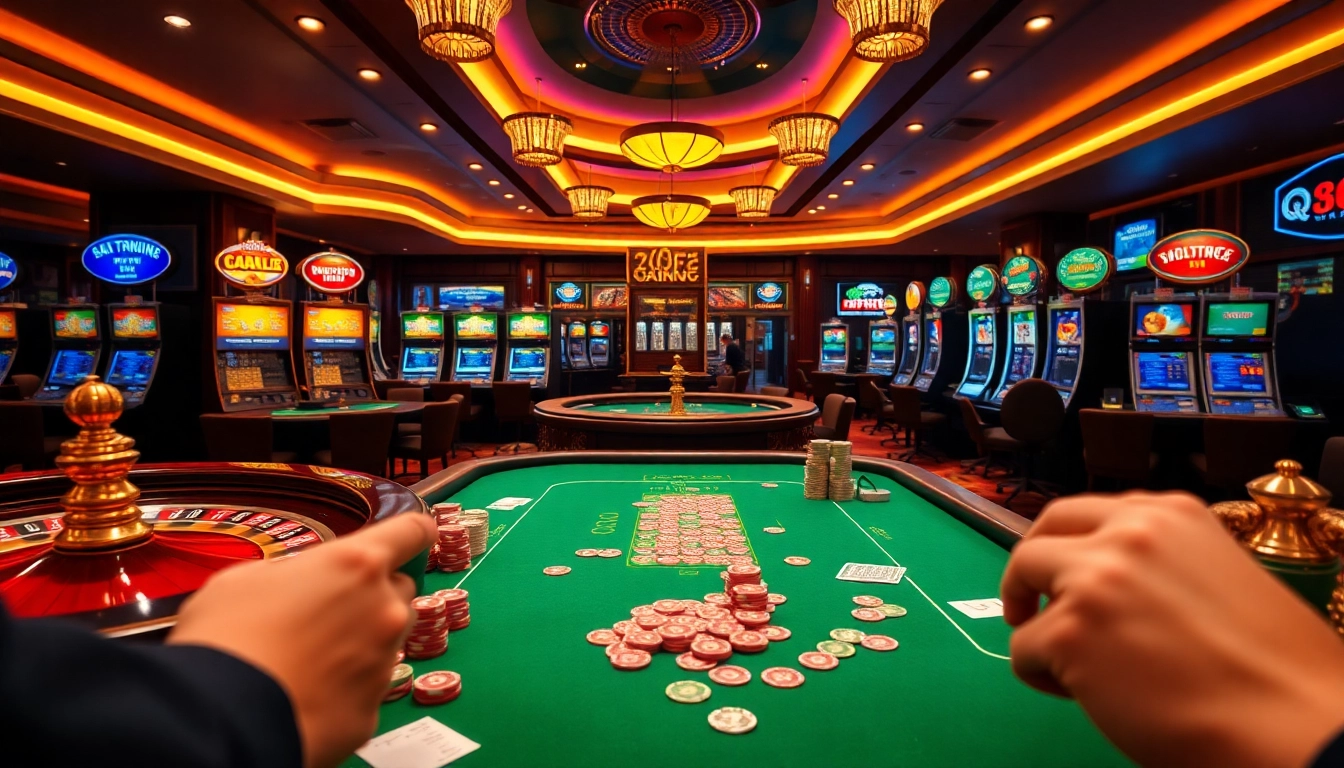 Players placing bets at QQ88's vibrant casino table, showcasing poker chips and cards.