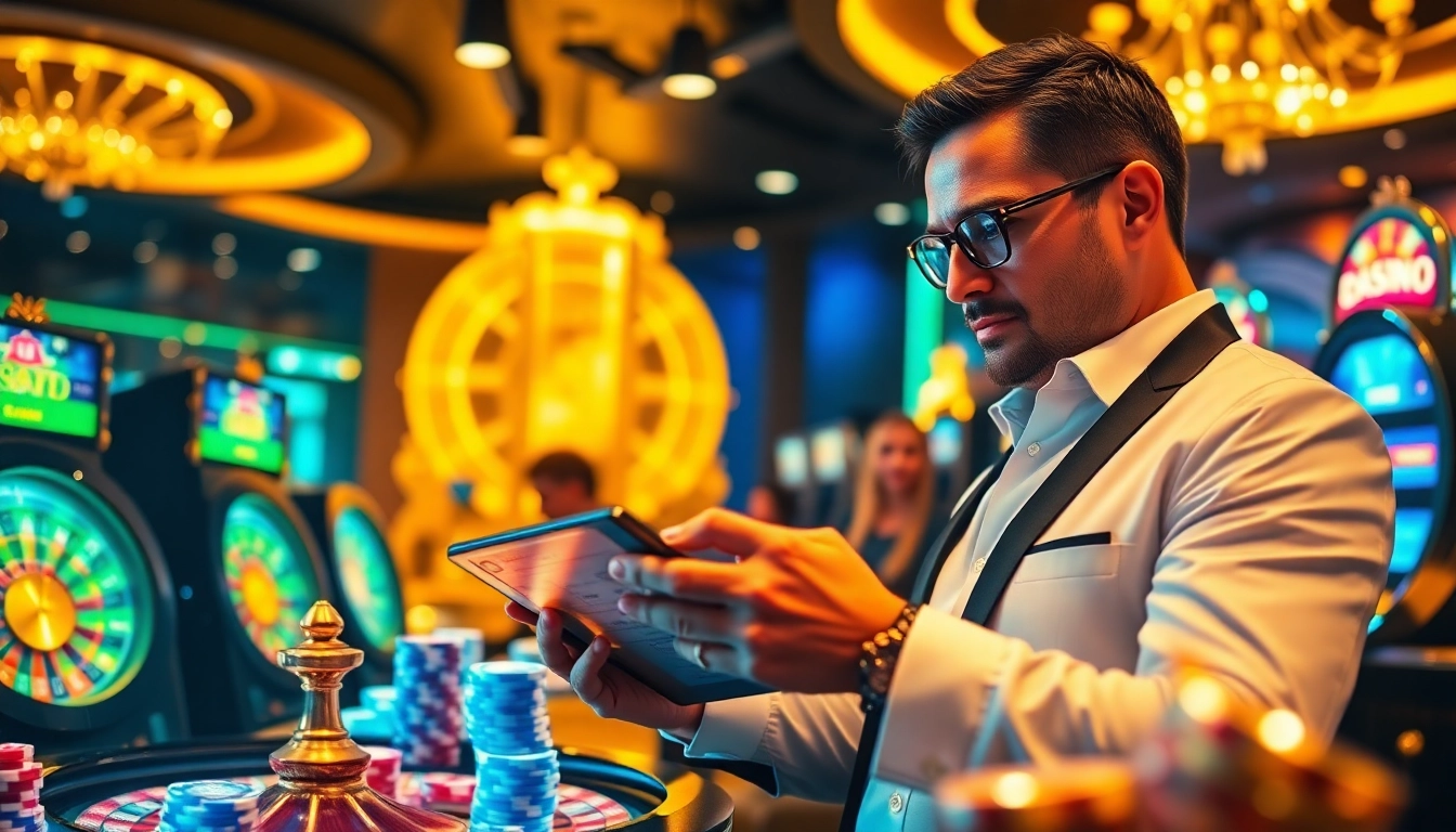 Experience winning excitement with usbet at a luxurious online casino scene featuring poker chips and a roulette wheel.