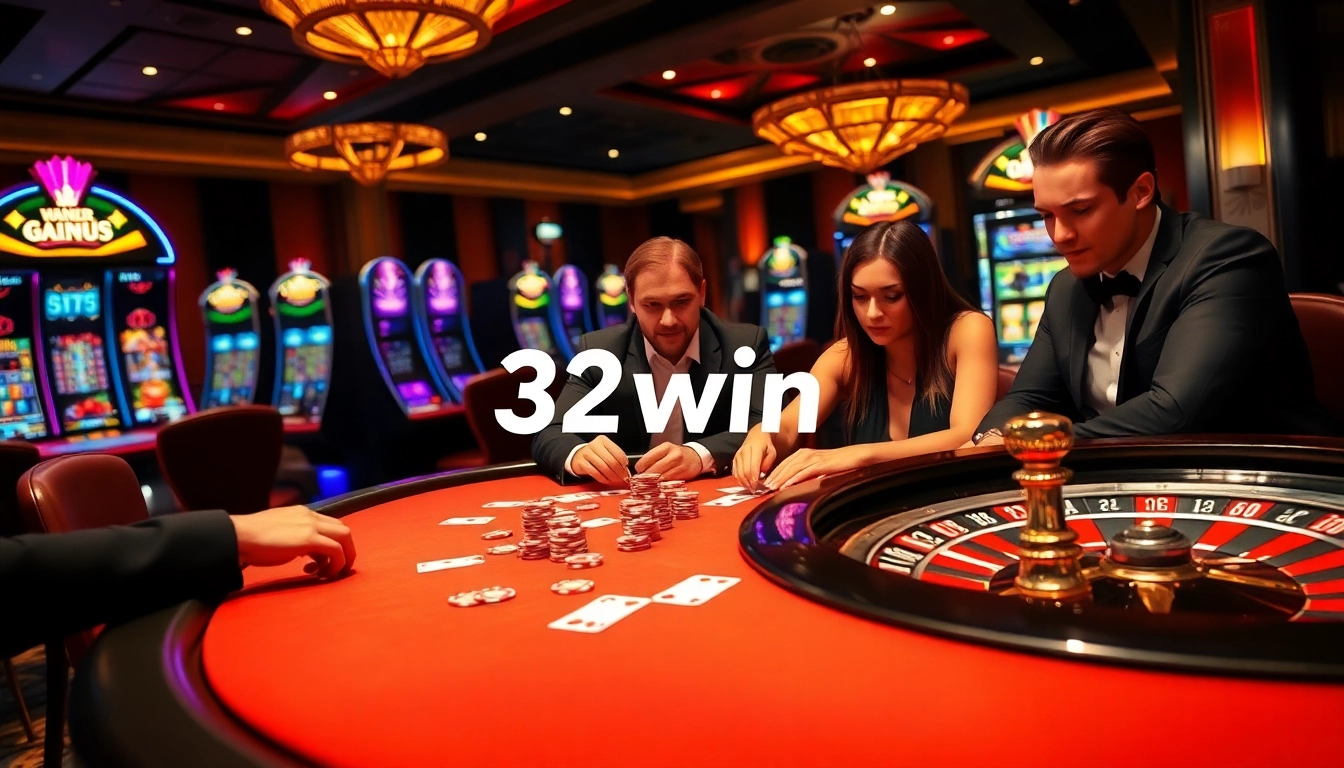 Experience thrilling action at 32win's upscale casino gaming tables with vibrant poker chips.