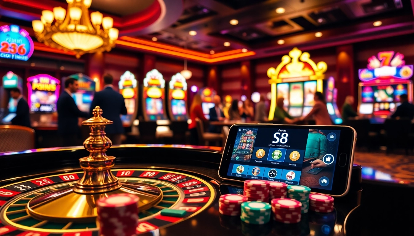 S8 app displayed on a smartphone amidst an engaging casino scene with poker chips and roulette.