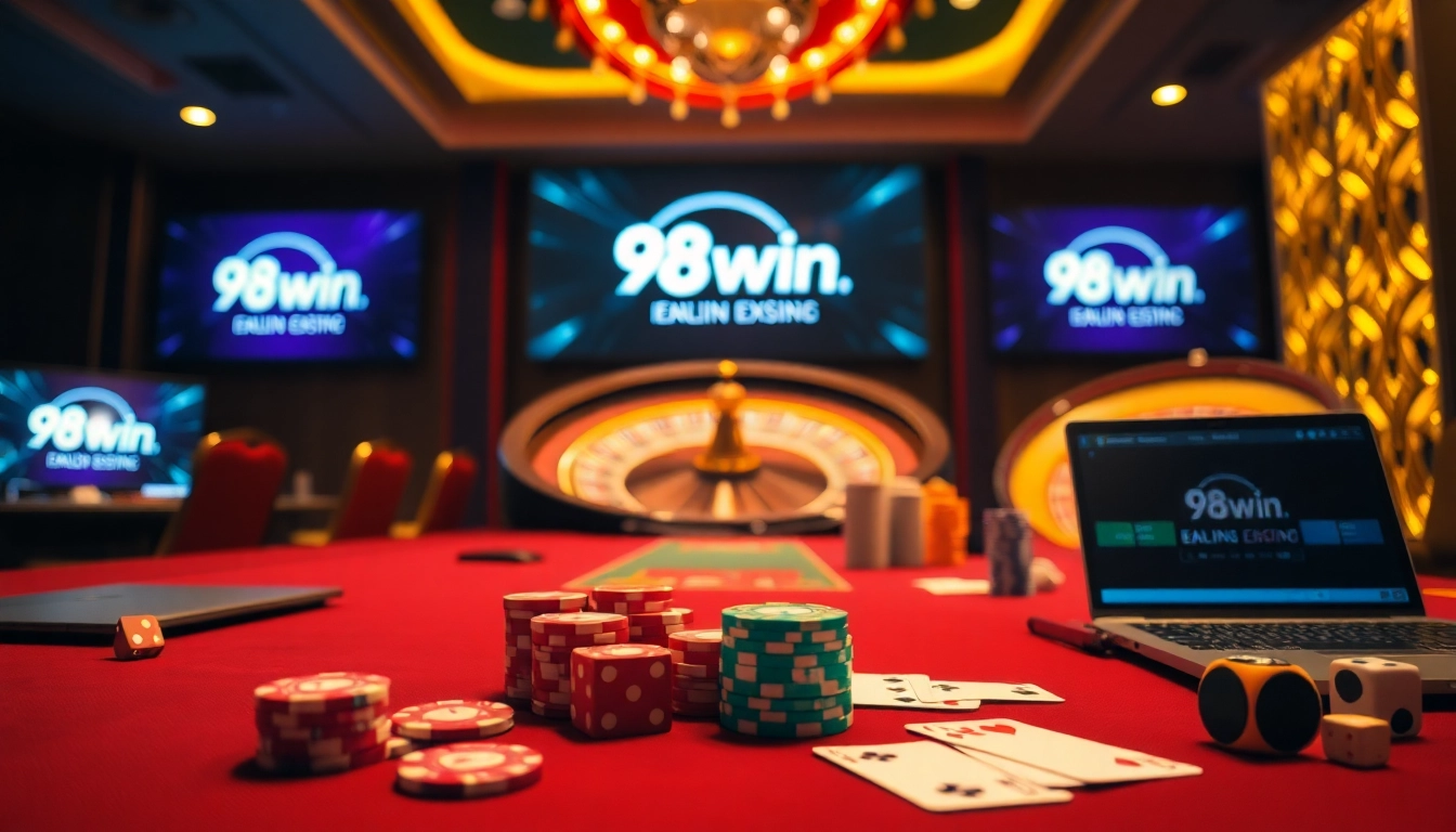 Engage with the excitement at 98win.exposed, a vibrant casino scene featuring poker chips and a roulette wheel.