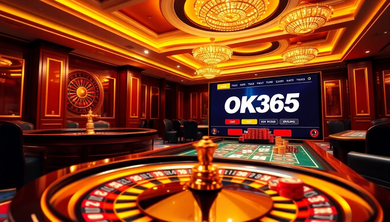 Action-packed scene at Nhà cái OK365 with players engaging at casino tables and vibrant games.