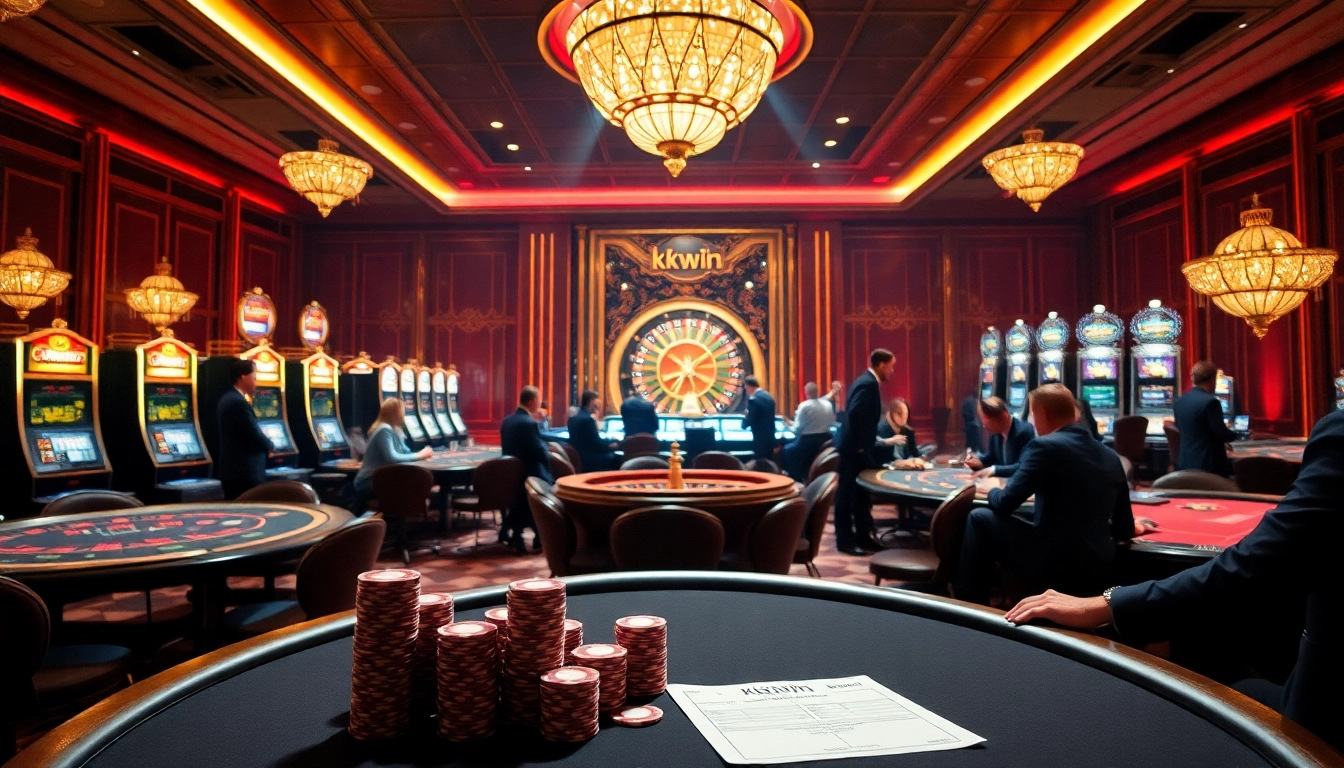 Experience the excitement of kkwin as players engage in high-stakes poker games with vibrant chips and luxurious tables.