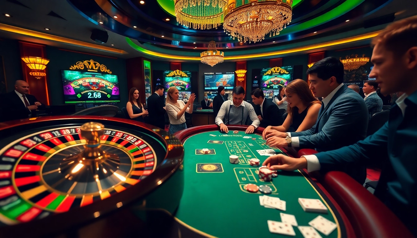 Engaged gamblers enjoying games at MM88 casino with roulette and poker tables.