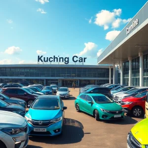 Kuching car hire scene with diverse rental vehicles at the airport, showcasing vibrant colors and friendly service.