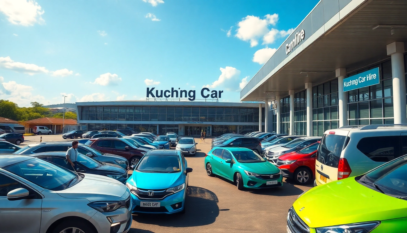 Kuching car hire scene with diverse rental vehicles at the airport, showcasing vibrant colors and friendly service.