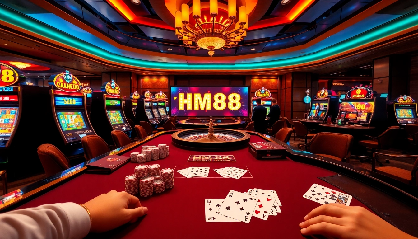 HM88 online casino scene with poker game, vibrant table, and slot machines