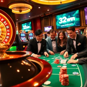 Experience thrilling gameplay at 32win com with vibrant casino scenes featuring poker and roulette.