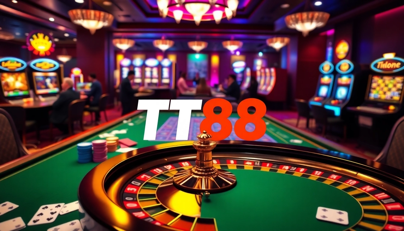TT88 casino scene showcasing vibrant table games and engaging poker action.