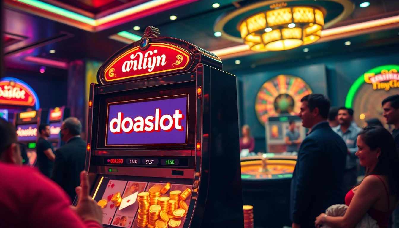 Players enjoying the excitement of doaslot on a luxurious casino slot machine surrounded by vibrant atmosphere.