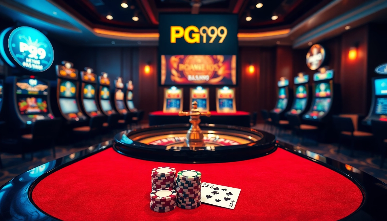 Engage in thrilling gameplay at PG99 with luxurious casino tables and vibrant slot machines.
