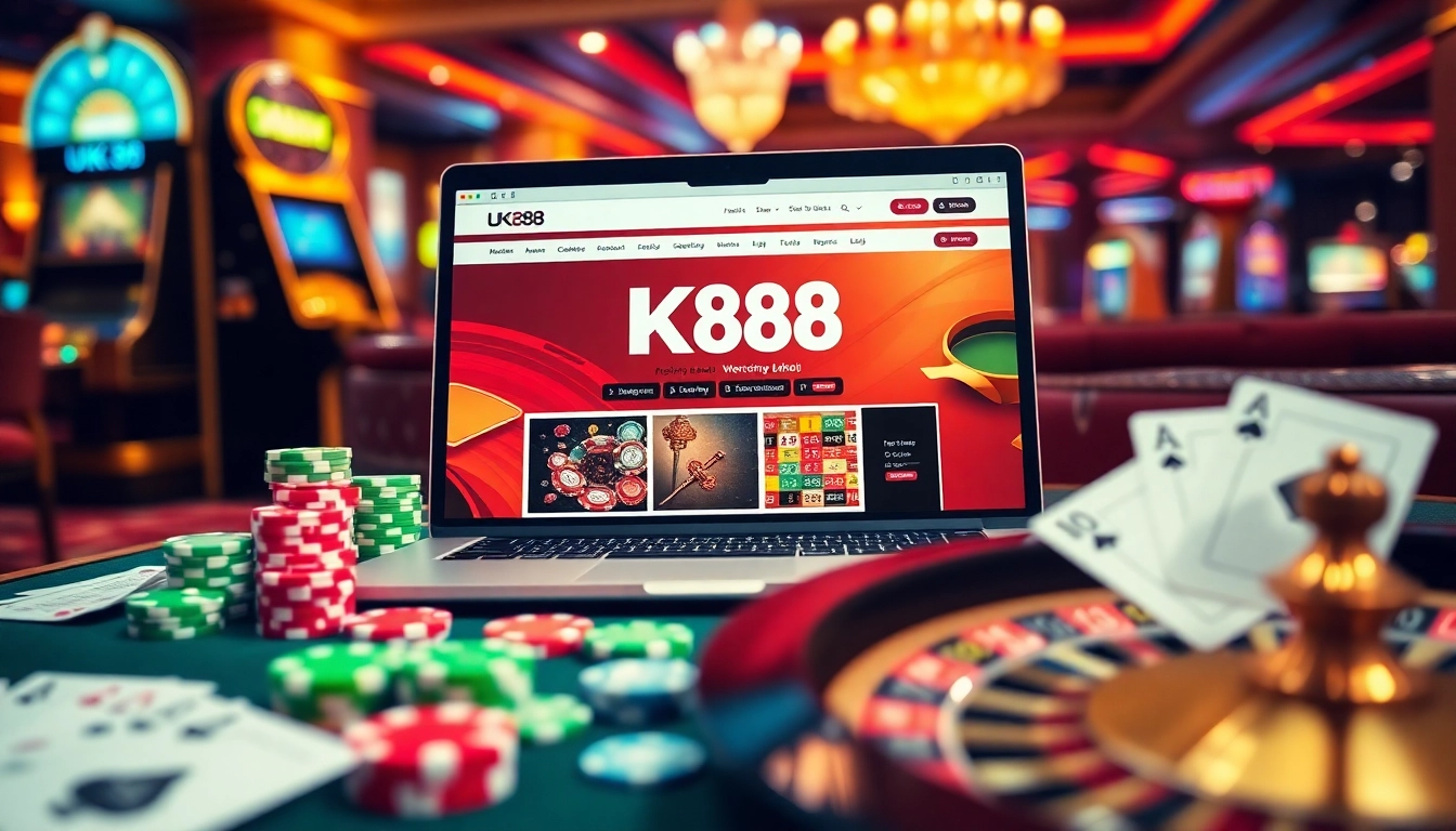 Experience the thrill of online gaming at Uk88 có uy tín không, featuring vibrant casino elements like poker chips, cards, and a roulette wheel.