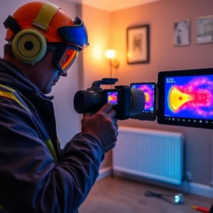 Expert technician detecting a central heating hidden leak using thermal imaging technology.