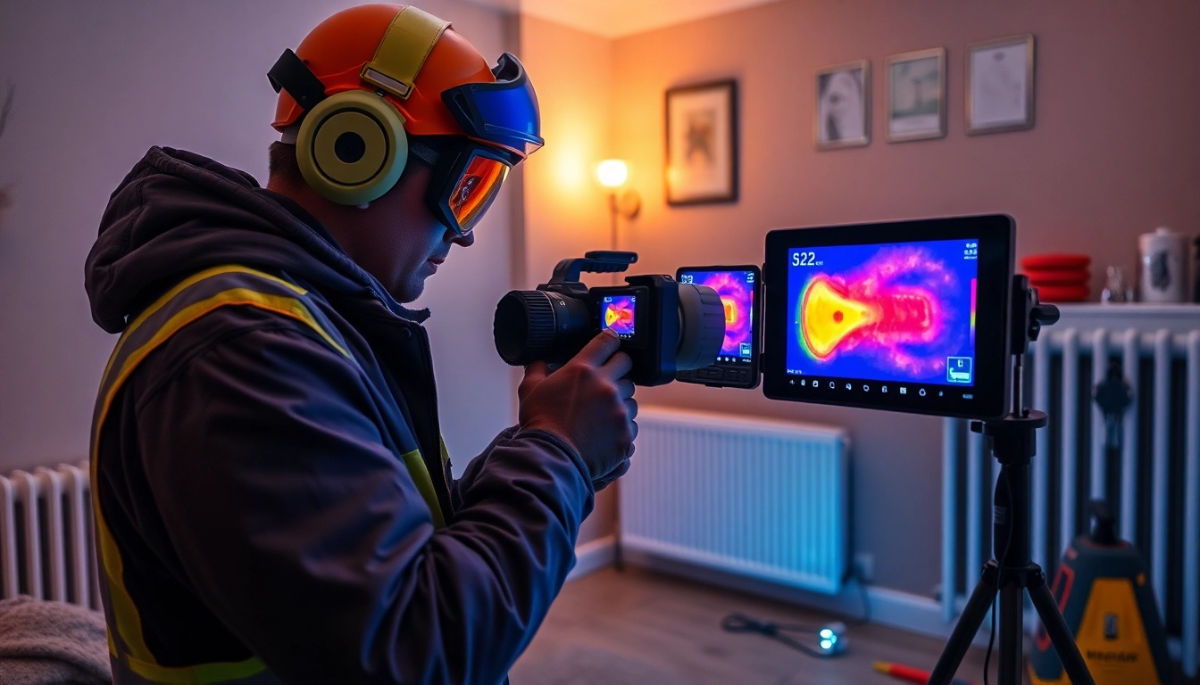 Expert technician detecting a central heating hidden leak using thermal imaging technology.