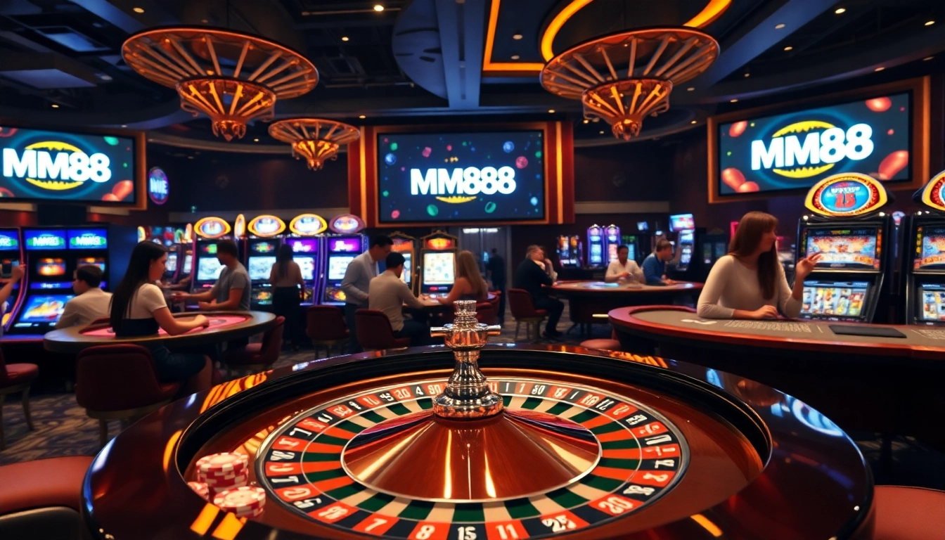 Experience the thrill of MM88 casino with poker chips and vibrant slot machines.